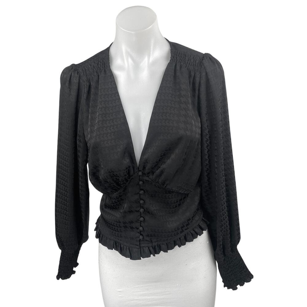 Heartloom Black Long Sleeve Deep V Neck Houndstooth Ruffle Blouse Crop Top Sz M